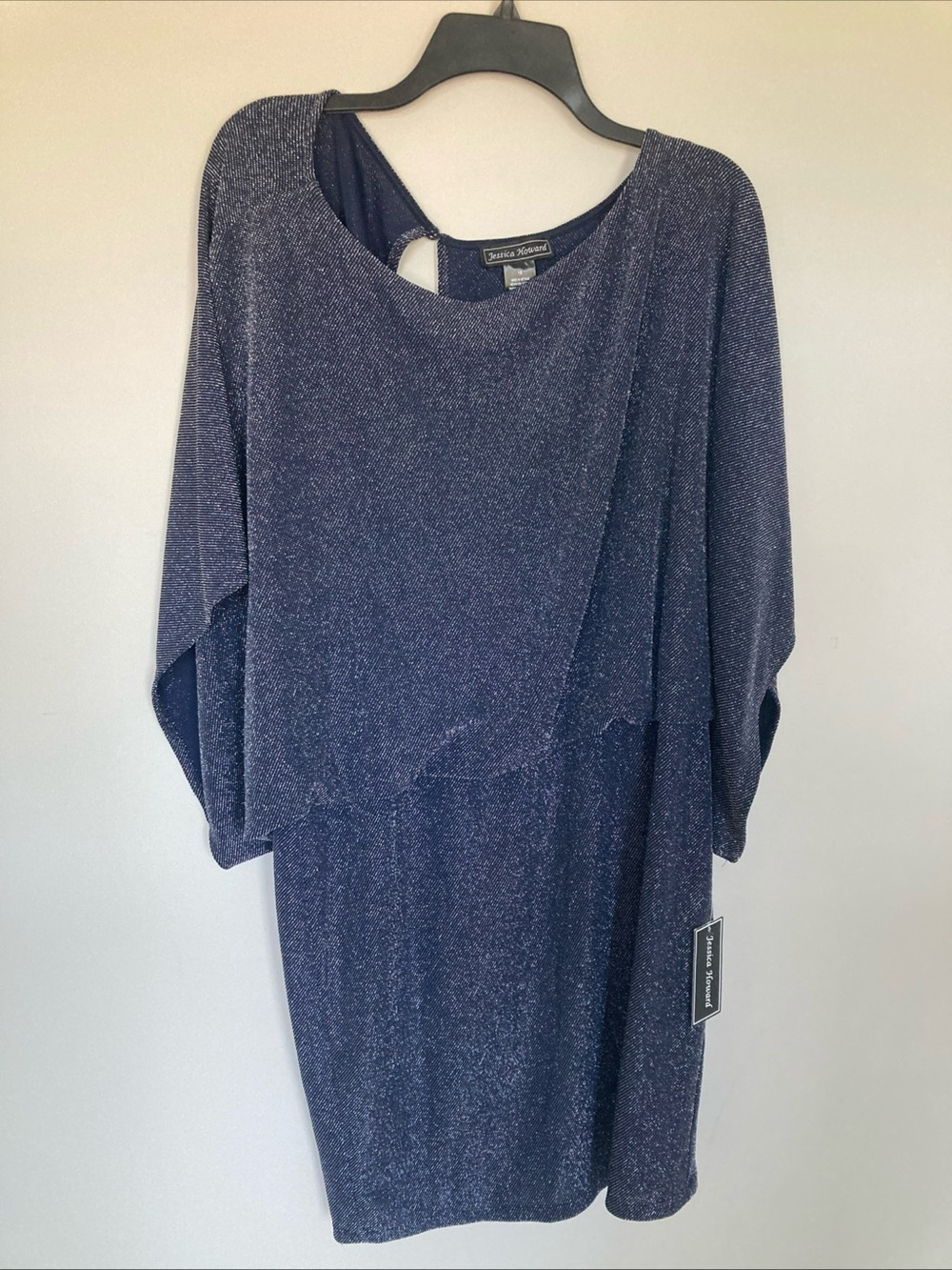NWT Jessica Howard Missy 18 Black Metallic Blouson Dress Dolman Sleeve Boat Neck
